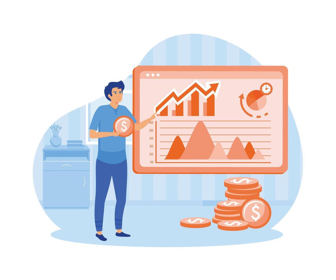 finansiell utbildning. manlig revisor presenterar projekt, analyser statistik och förvaltar pengar. platt vektor modern illustration