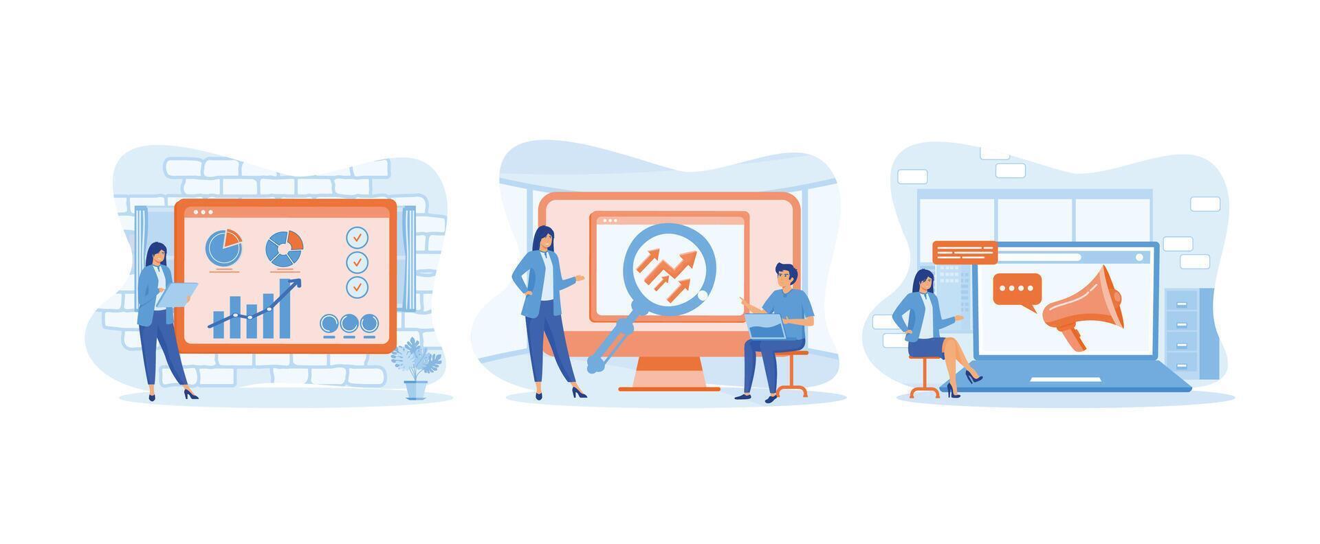 kvinna analyserar Graf. diagram och planera marknadsföring strategi till uppnå företag mål. digital marknadsföring och befordran. digital marknadsföring uppsättning platt vektor modern illustration