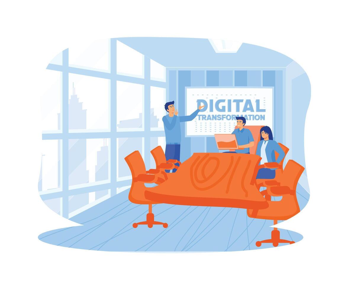 företag personal visar chef de framtida riktning av de företag med digital omvandling på whiteboard kort. beskriver ett innovativ framtida begrepp. platt vektor modern illustration