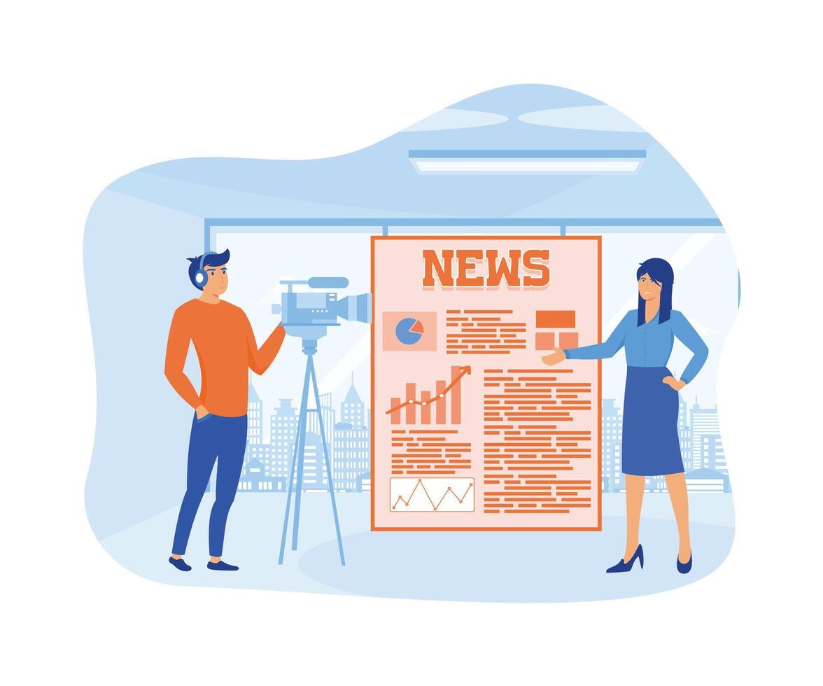 brytning Nyheter reporter med programföretag eller journalist på de övervaka handla om information incident, aktiviteter, väder och meddelanden. platt vektor modern illustration