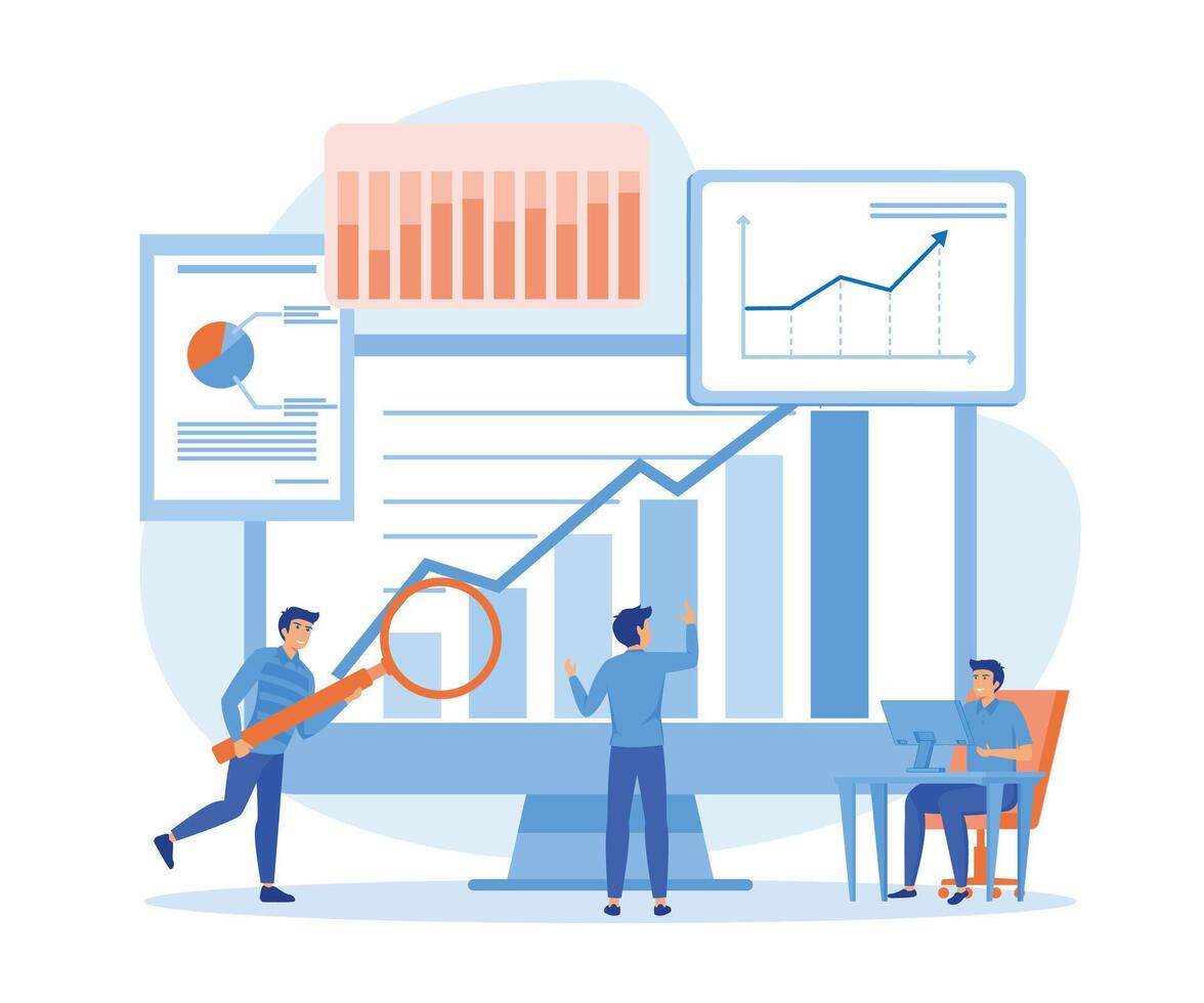 Design statistisch und Daten Analyse zum Geschäft Finanzen Investition, mit Geschäft Menschen Mannschaft Arbeiten auf Monitor Graph Armaturenbrett. eben Vektor modern Illustration