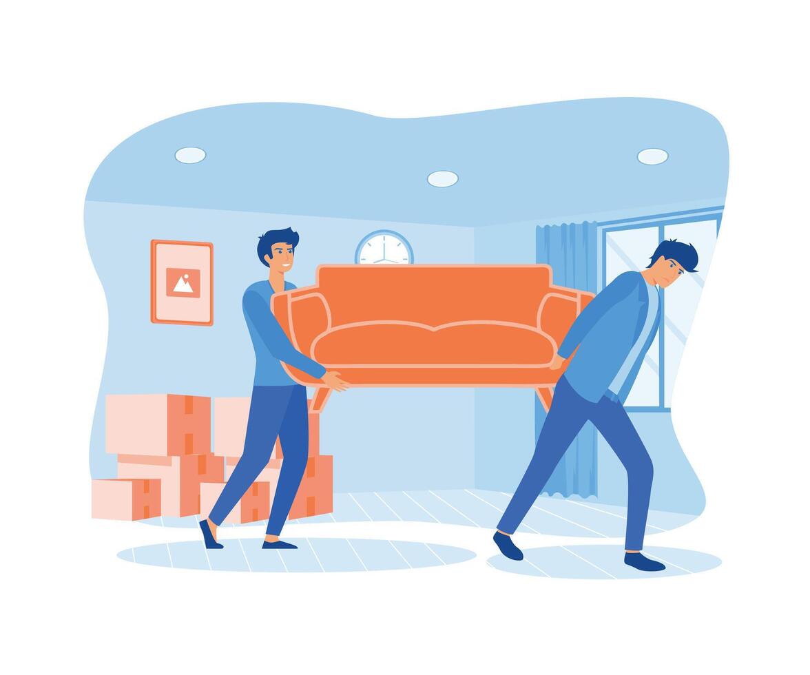 glücklich jung Mann Bewegung Sofa Möbel im Zimmer. eben Vektor modern Illustration