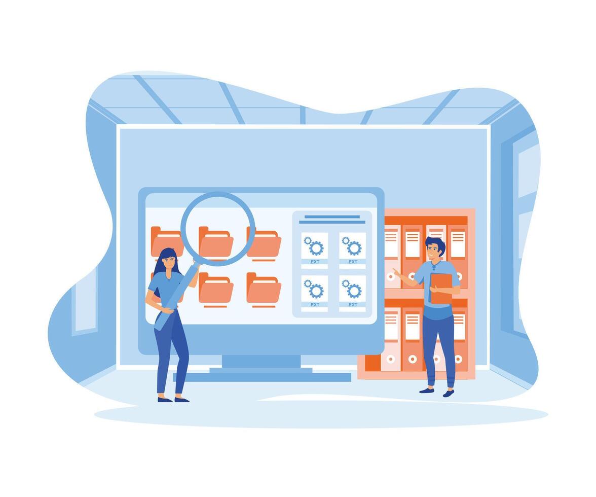 anställda sökande och indexering fil dokument. fil chef och data lagring platt vektor modern illustration