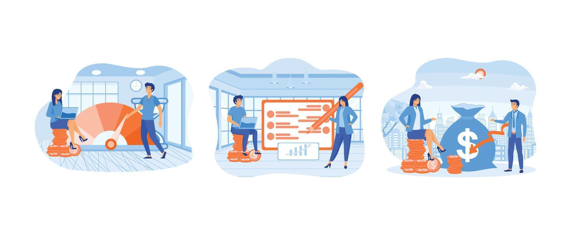 finansiell och marknadsföring strategi idéer, balans av kostar och inkomst, kosta optimering begrepp. kosta optimering uppsättning platt vektor modern illustration uppsättning platt vektor modern illustration