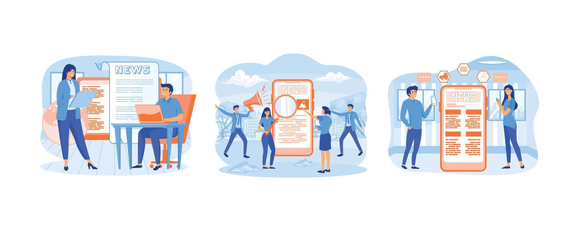 företag ung män och kvinnor, läsning senast eller varm Nyheter uppkopplad på smart telefon eller bärbar dator. uppkopplad Nyheter mobil app. uppkopplad läsning Nyheter. uppsättning platt vektor modern illustration