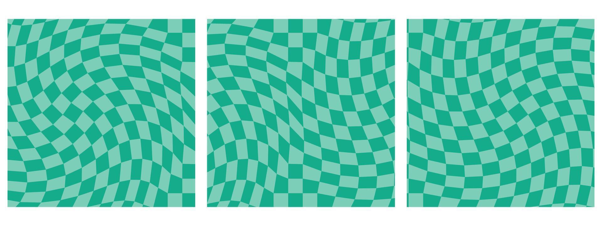 uppsättning av fyrkant årgång estetisk bakgrunder med häftig rutig mönster och psychedelic checkerboard texturer i turkos Färg palett vektor
