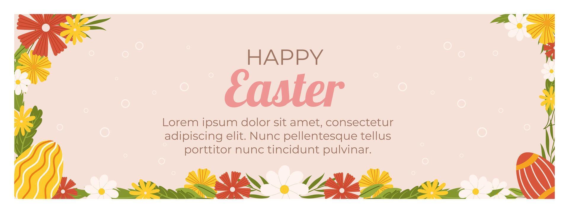 Ostern horizontal Banner Vorlage. Design zum Feier Frühling Urlaub gemalt Eier und Blumen- Rahmen um vektor