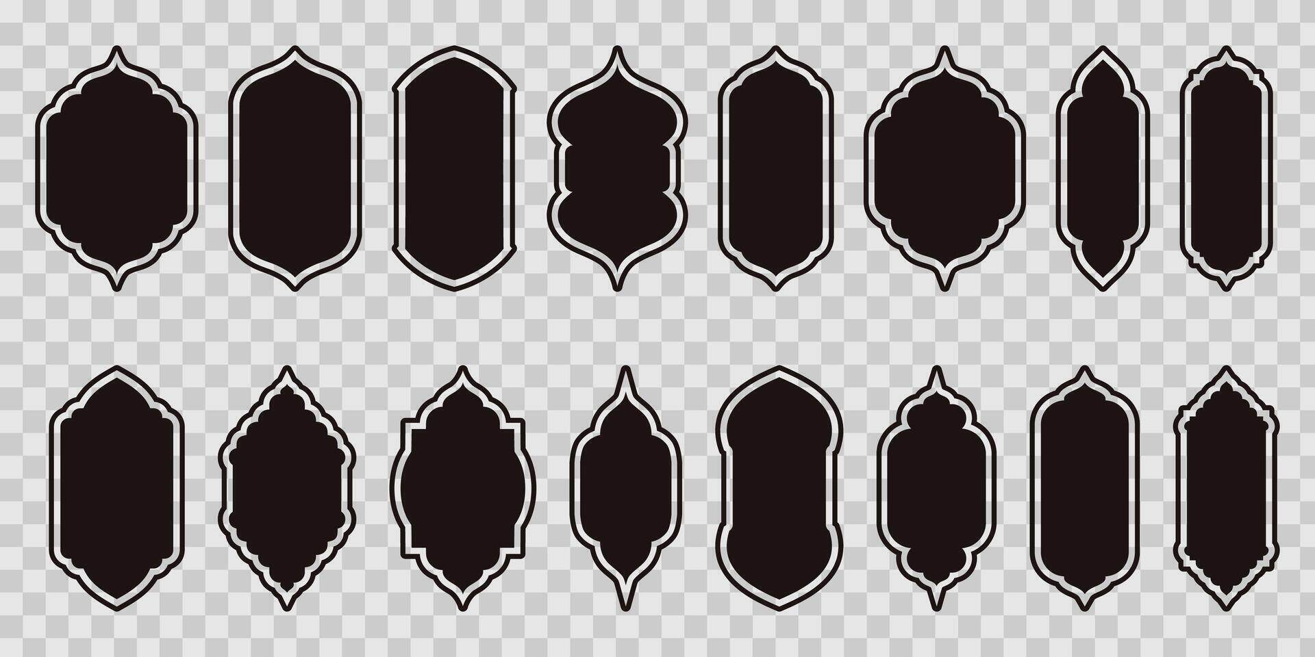 vielseitig islamisch Vektor Formen mit Fenster und Tür Bögen. arabisch Frames einstellen mit Ramadan kareem Silhouette Symbole. elegant Moschee Tor Entwürfe. Silhouette mit Linie Versatz
