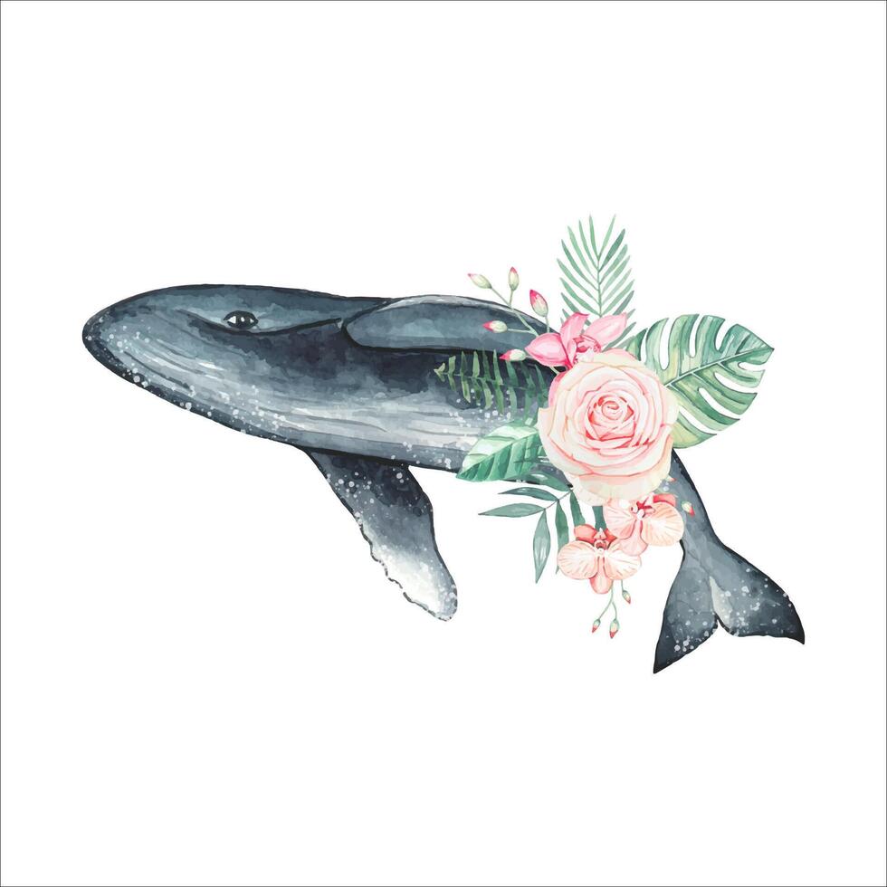 Hand gezeichnet Wal mit Blumen, Aquarell vektor