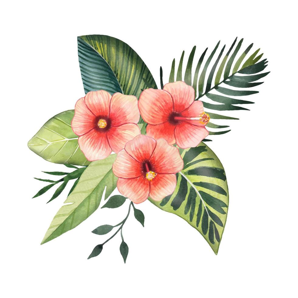 Hand gezeichnet Strauß mit tropisch Blätter und Blumen, Aquarell vektor