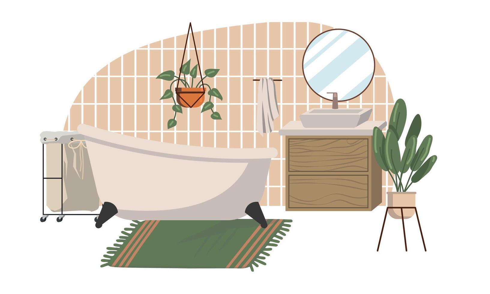 modern Badezimmer Innere im modern Stil. gemütlich Badezimmer mit Waschbecken, Spiegel, Badewanne, Regale und Zubehör. eben Vektor Illustration. isoliert auf Weiß Hintergrund.