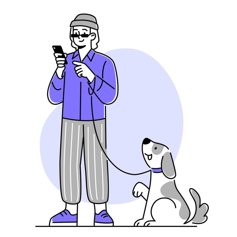 Person mit Hund und halten Smartphone vektor