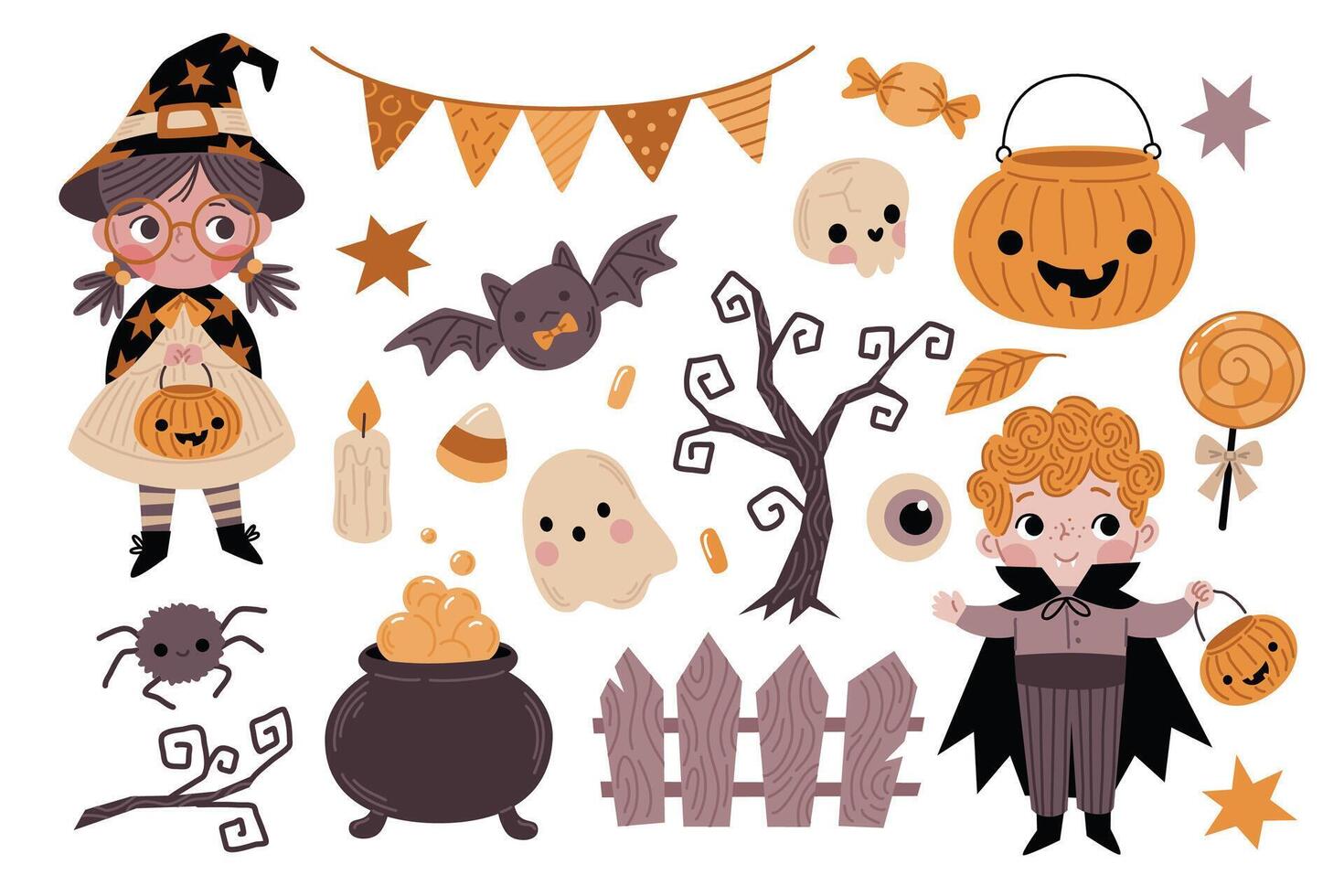 halloween element uppsättning höst, kostymer, barn, sötsaker vektor