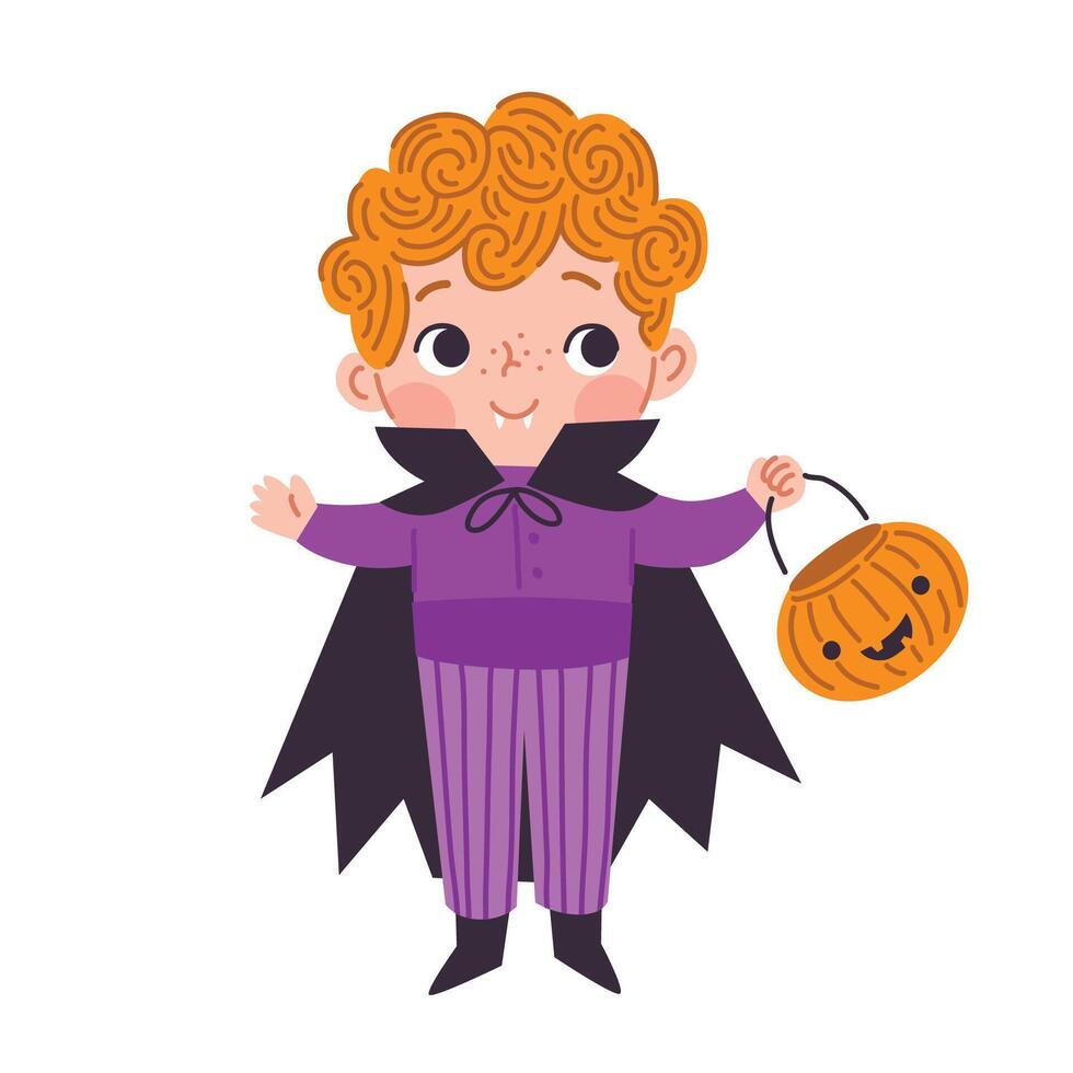 illustration av pojke i vampyr kostym med halloween pumpa vektor