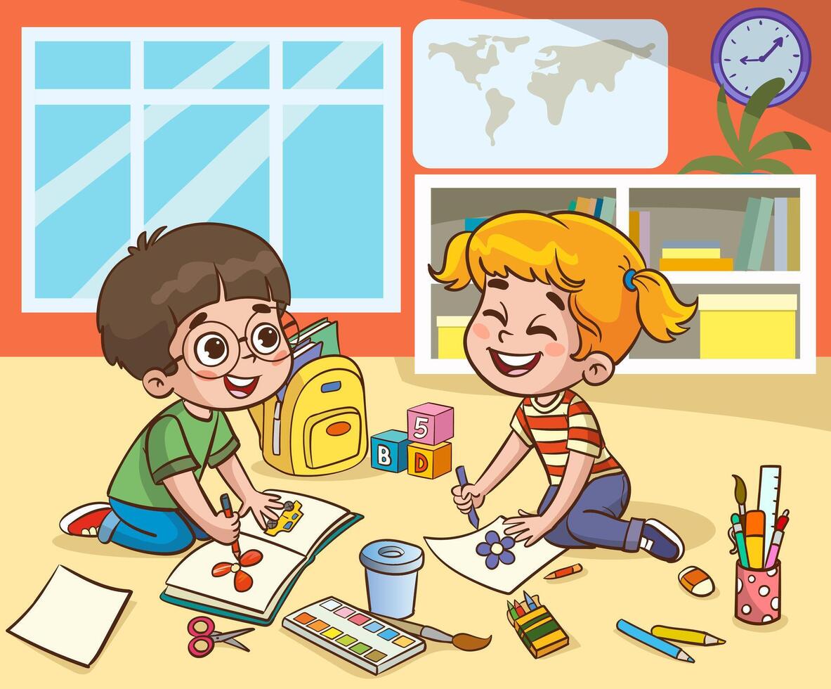 barn teckning med pennor och färger. vektor illustration av en grupp av barn.liten söt barn skära papper för konst med vän.