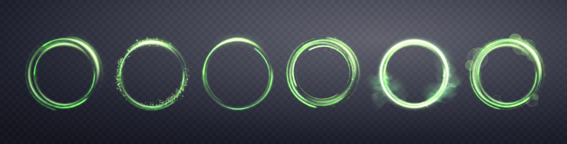 glühend Grün Magie Ring . Neon- realistisch Energie Fackel Heiligenschein Ring. abstrakt Licht Wirkung. Vektor Illustration.