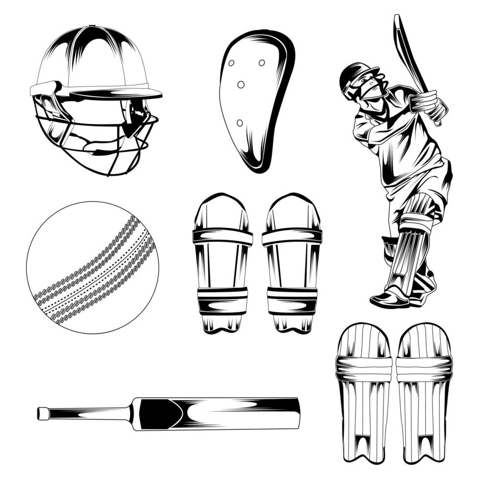 cricket Utrustning och spelare uppsättning stock vektor