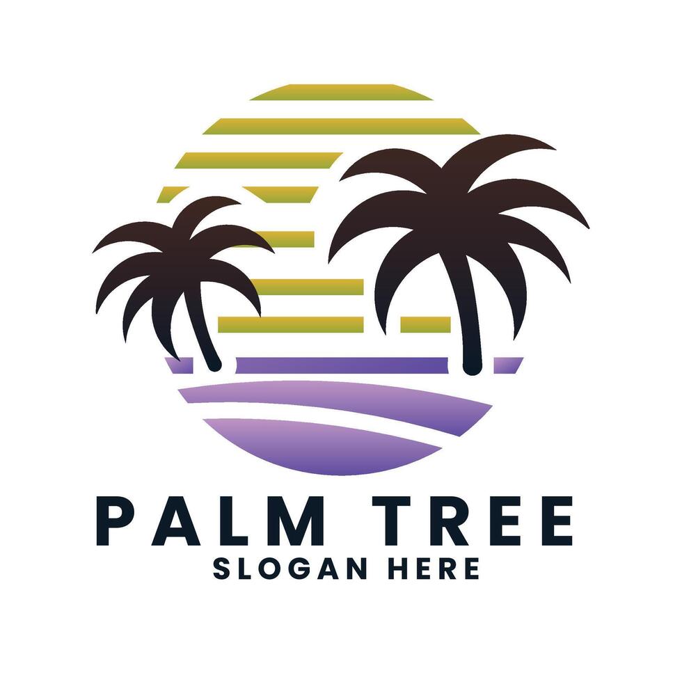 solnedgång hav hav strand logotyp design.palm träd logotyp design vektor.våg logotyp design.blad träd logotyp design vektor