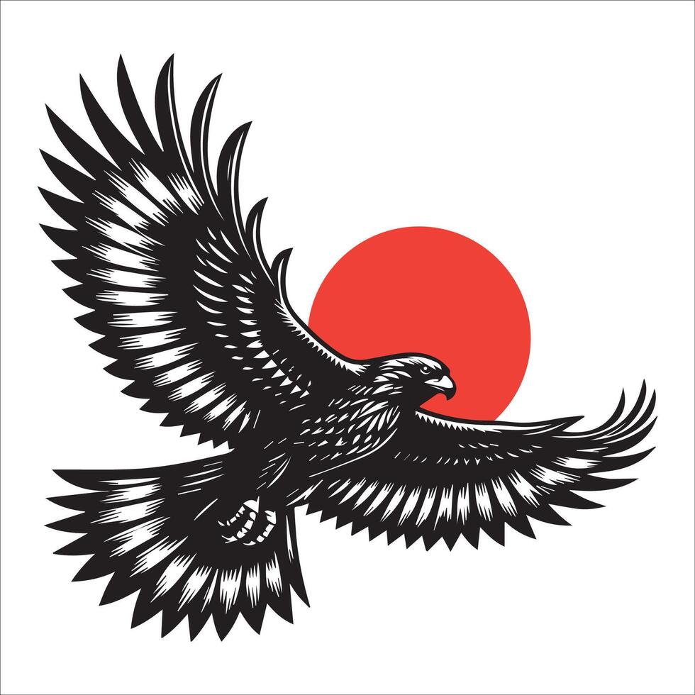 Adler fliegend mit rot Sonne im das Hintergrund. Vektor Illustration.