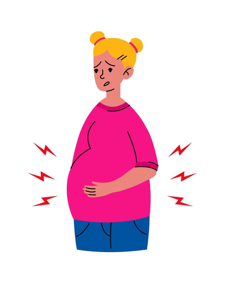 besorgt schwanger Mädchen Bauch schmerzen. Mutter im Schlecht Zustand. Krankheit, Schwangerschaft Symptome, Mutterschaft, Gesundheit Problem Konzept. verfrüht Geburt, Kontraktionen. eben Vektor isoliert Illustrationen.