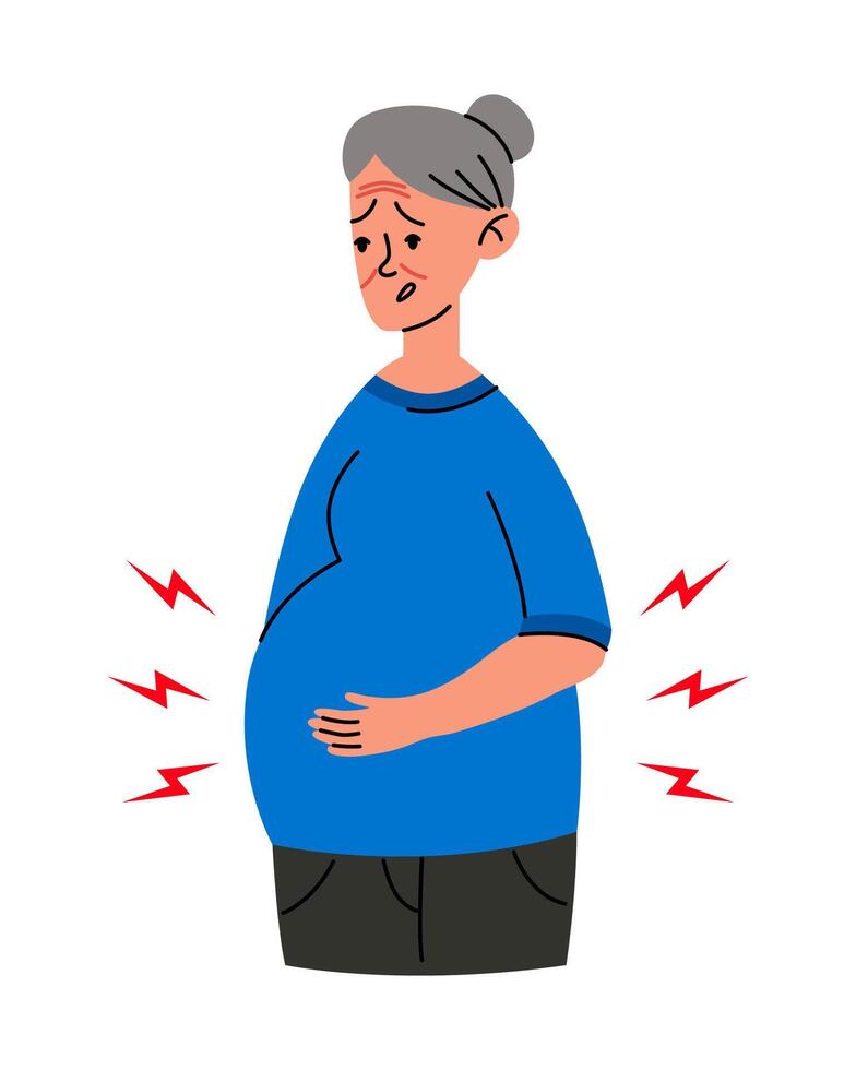 besorgt schwanger alt Frau Bauch schmerzen. Mutter im Schlecht Zustand. Krankheit, Schwangerschaft Symptome, Mutterschaft, Gesundheit Problem Konzept. verfrüht Geburt, Kontraktionen. eben Vektor isoliert Illustrationen.