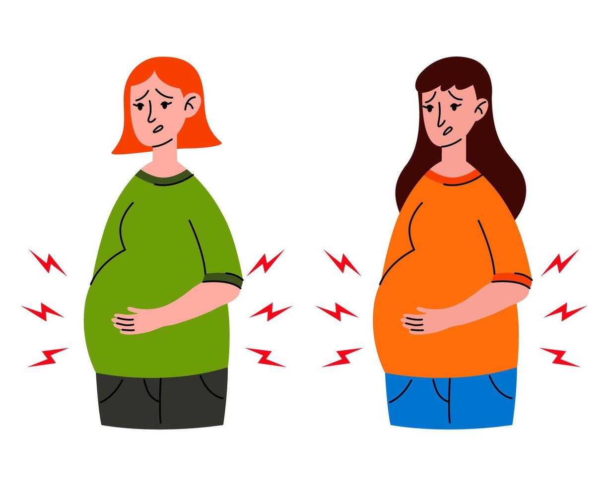 två orolig gravid kvinna mage värk. mor i dålig skick. sjukdom, graviditet symtom, moderskap, hälsa problem begrepp. för tidig födelse, sammandragningar. platt vektor isolerat illustrationer.
