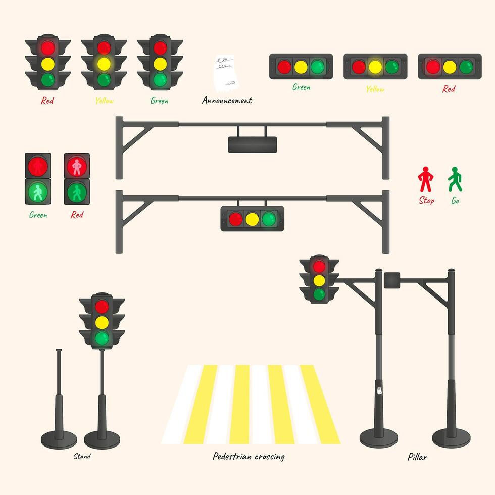 ein groß Konstruktion Kit Das beinhaltet der Verkehr Beleuchtung mit Rot, Gelb und Grün Beleuchtung. vektor