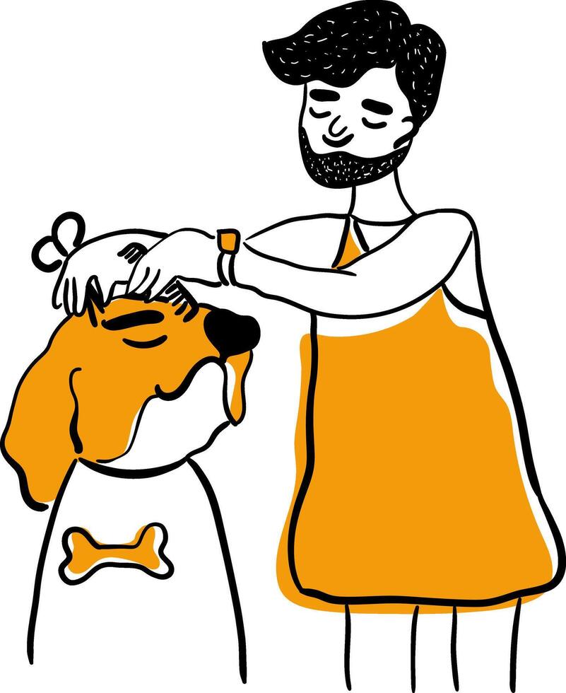 en hund groomer nedskärningar de päls av en inhemsk sällskapsdjur på en grooming salong. de grooming hund är Lycklig till vara vårdad. Lycklig nationell hund dag affisch design.vector illustration i klotter stil isolerat på vit bg vektor