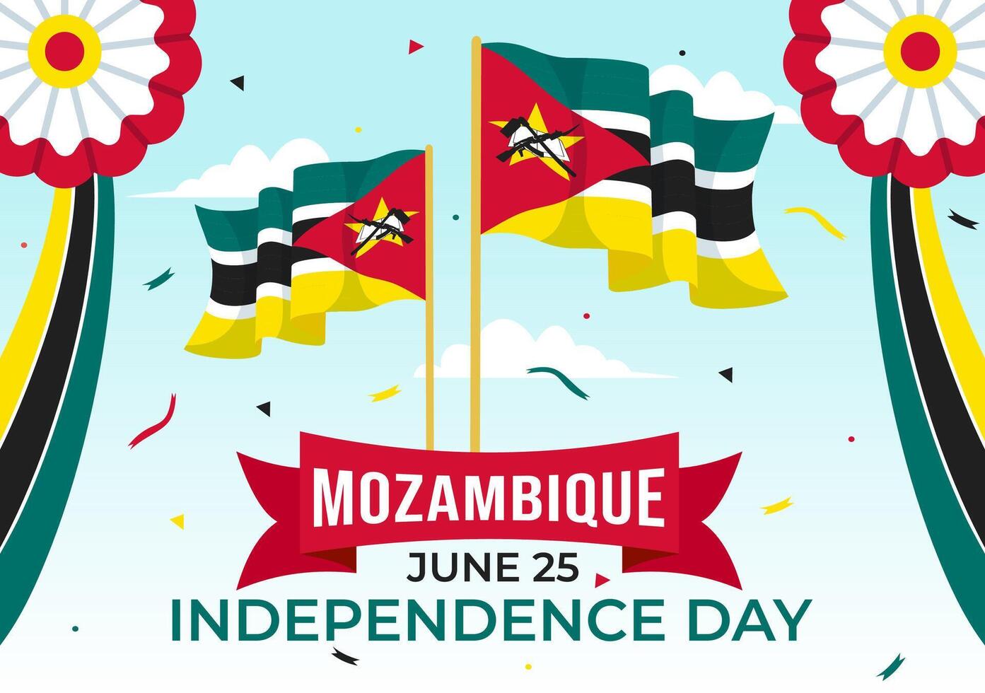 moçambique oberoende dag vektor illustration på 25 juni med vinka flagga och band i nationell Semester firande platt tecknad serie bakgrund