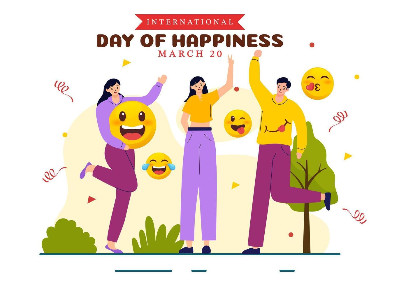 Welt Glück Tag Feier Vektor Illustration mit auf 20 März lächelnd Gesicht Ausdruck und Gelb Hintergrund im eben Karikatur Design