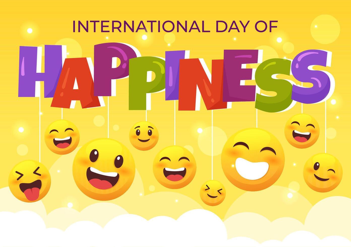 värld lycka dag firande vektor illustration med på 20 Mars leende ansikte uttryck och gul bakgrund i platt tecknad serie design