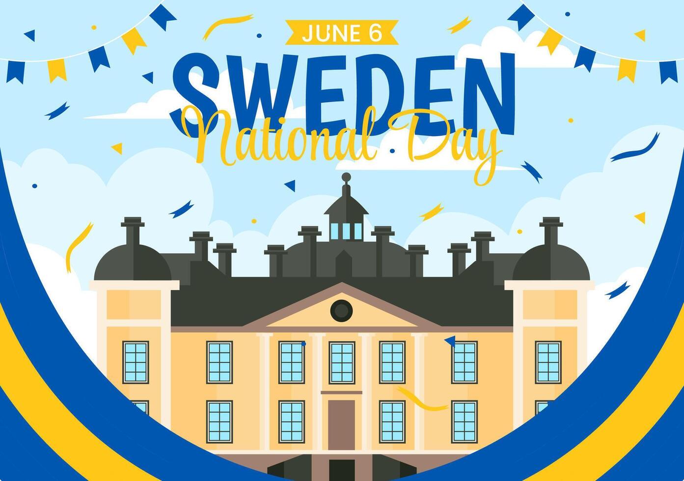 Sverige nationell dag vektor illustration på 6 juni firande med svenska flagga och band i Semester firande platt tecknad serie bakgrund