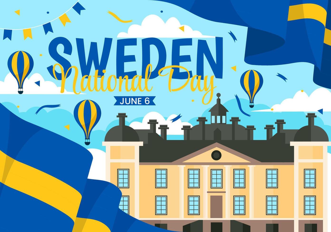 Sverige nationell dag vektor illustration på 6 juni firande med svenska flagga och band i Semester firande platt tecknad serie bakgrund
