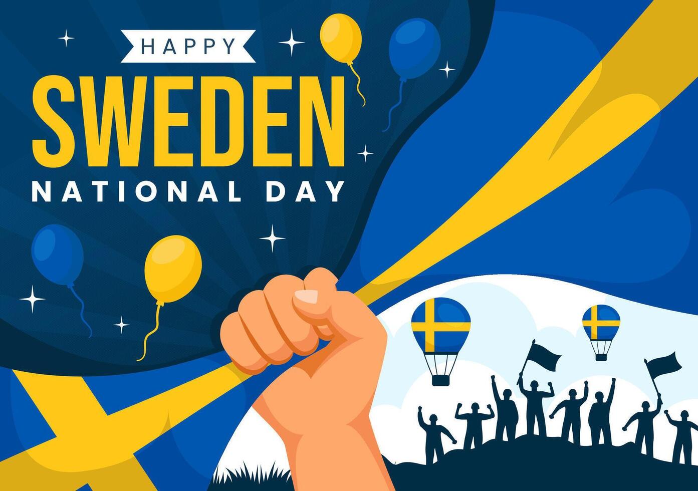 Sverige nationell dag vektor illustration på 6 juni firande med svenska flagga och band i Semester firande platt tecknad serie bakgrund