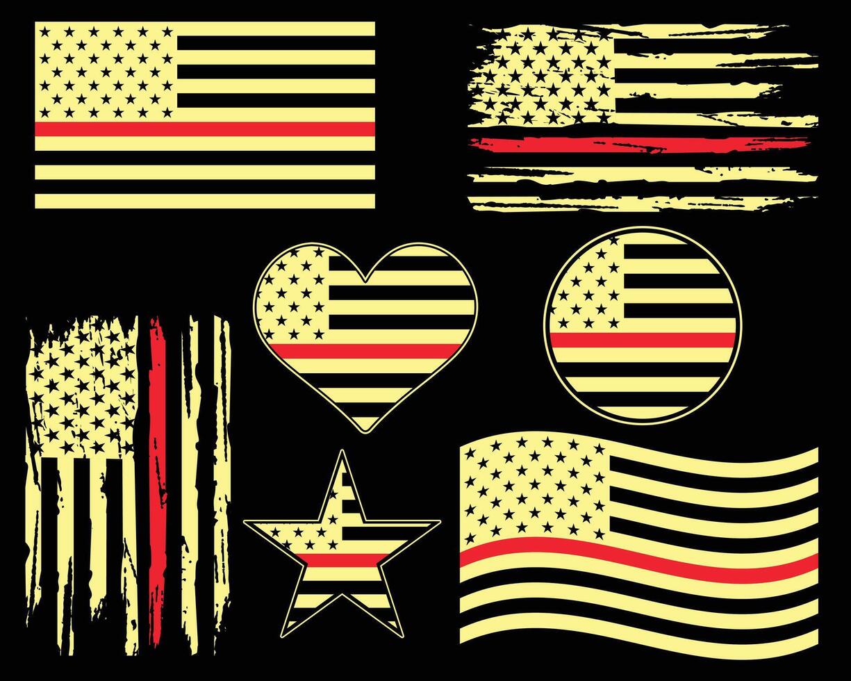brandman tunn röd linje bedrövad USA amerikan flagga bunt uppsättning ny design för t skjorta affisch baner bakrund skriva ut vektor eps illustrationer mall..