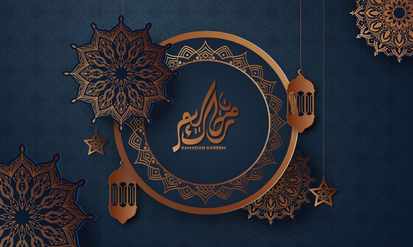realistisk ramadan bakgrund med islamic mönster, mandala, lykta. för baner, hälsning kort vektor