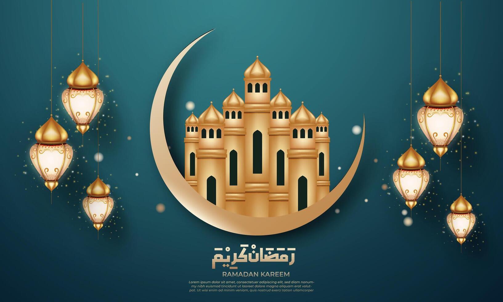 realistisk ramadan bakgrund med halvmåne måne och moské, lykta, för baner, hälsning kort vektor