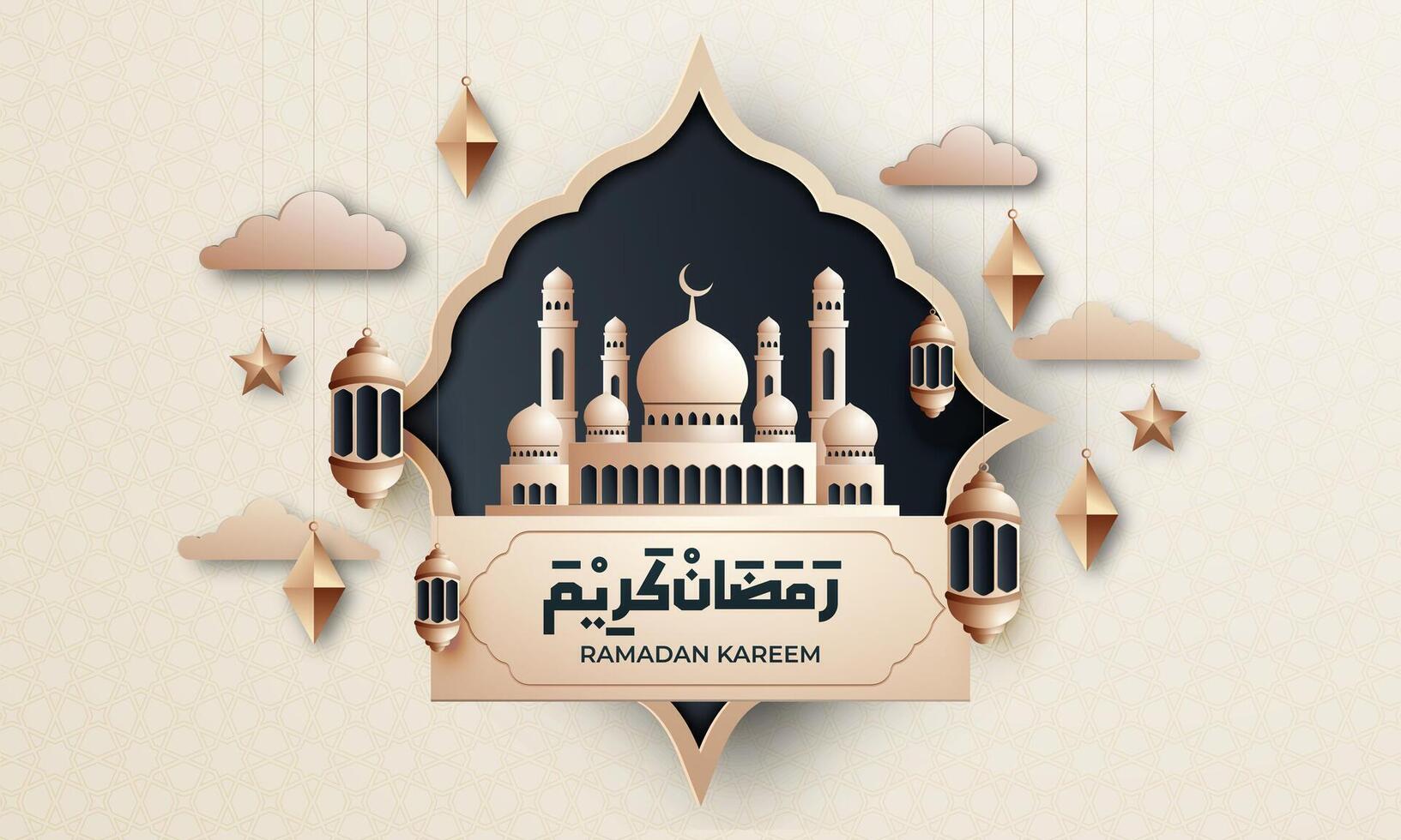 realistisch Ramadan Hintergrund mit Moschee, Laterne, islamisch Muster zum Banner, Gruß Karte vektor