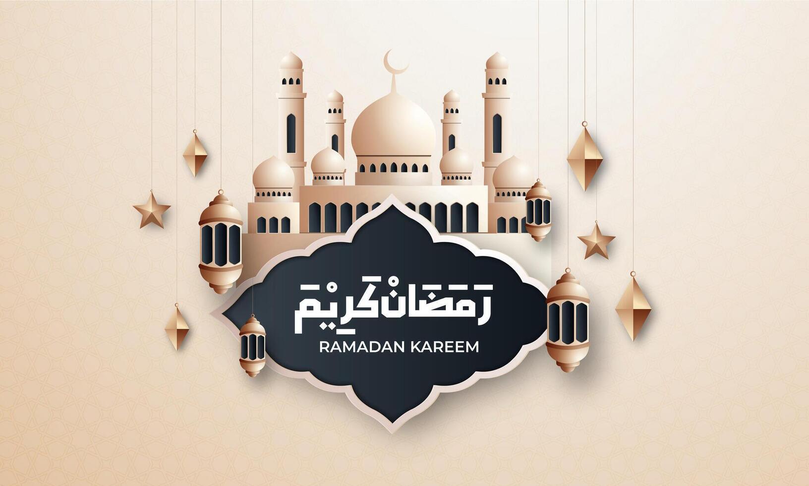 realistisch Ramadan Hintergrund mit Moschee, Laterne, islamisch Muster zum Banner, Gruß Karte vektor