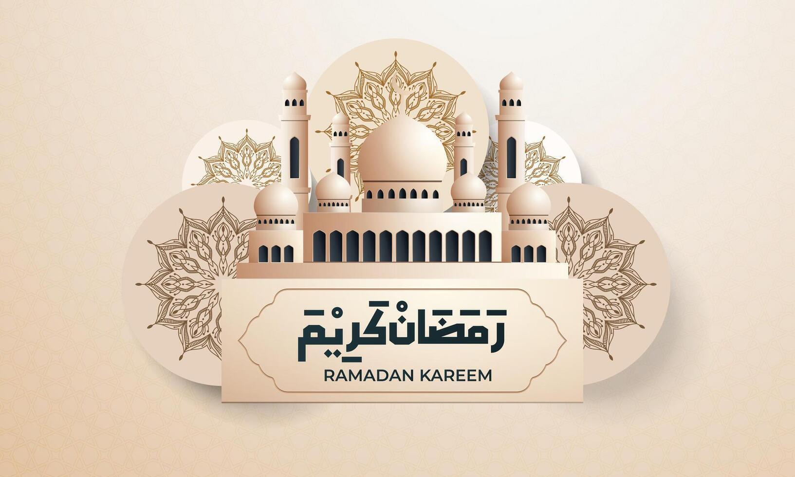 realistisk ramadan bakgrund med moské, lykta, islamic mönster för baner, hälsning kort vektor