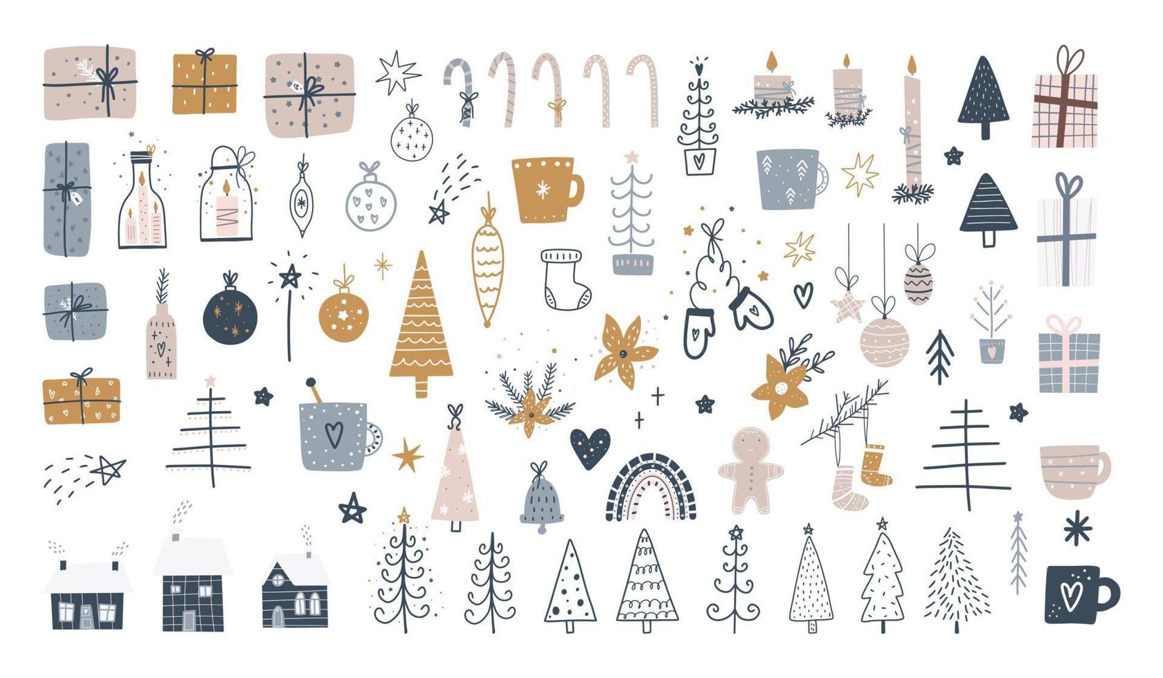 stor samling av symboler för jul och gott nytt år. trendiga handritade vektorillustration för affischer och gratulationskort. vektor designmallar.