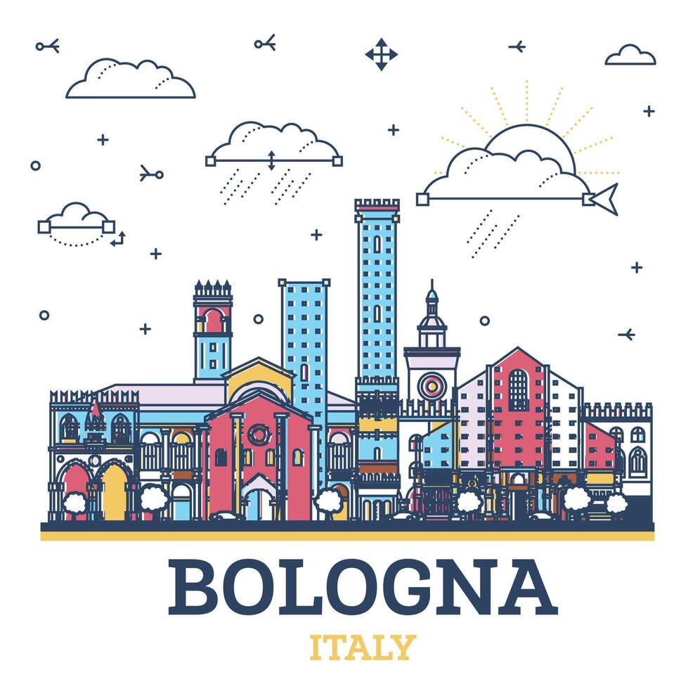 Gliederung Bologna Italien Stadt Horizont mit historisch Gebäude isoliert auf Weiß. Bologna Stadtbild mit Sehenswürdigkeiten. vektor