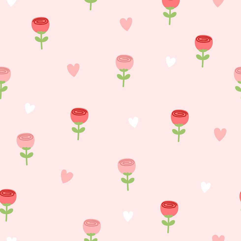 söt ljuv röd och rosa reste sig och vit och rosa hjärtan i rosa bakgrund sömlös mönster. hjärtans dag. illustration vektor 10 eps.