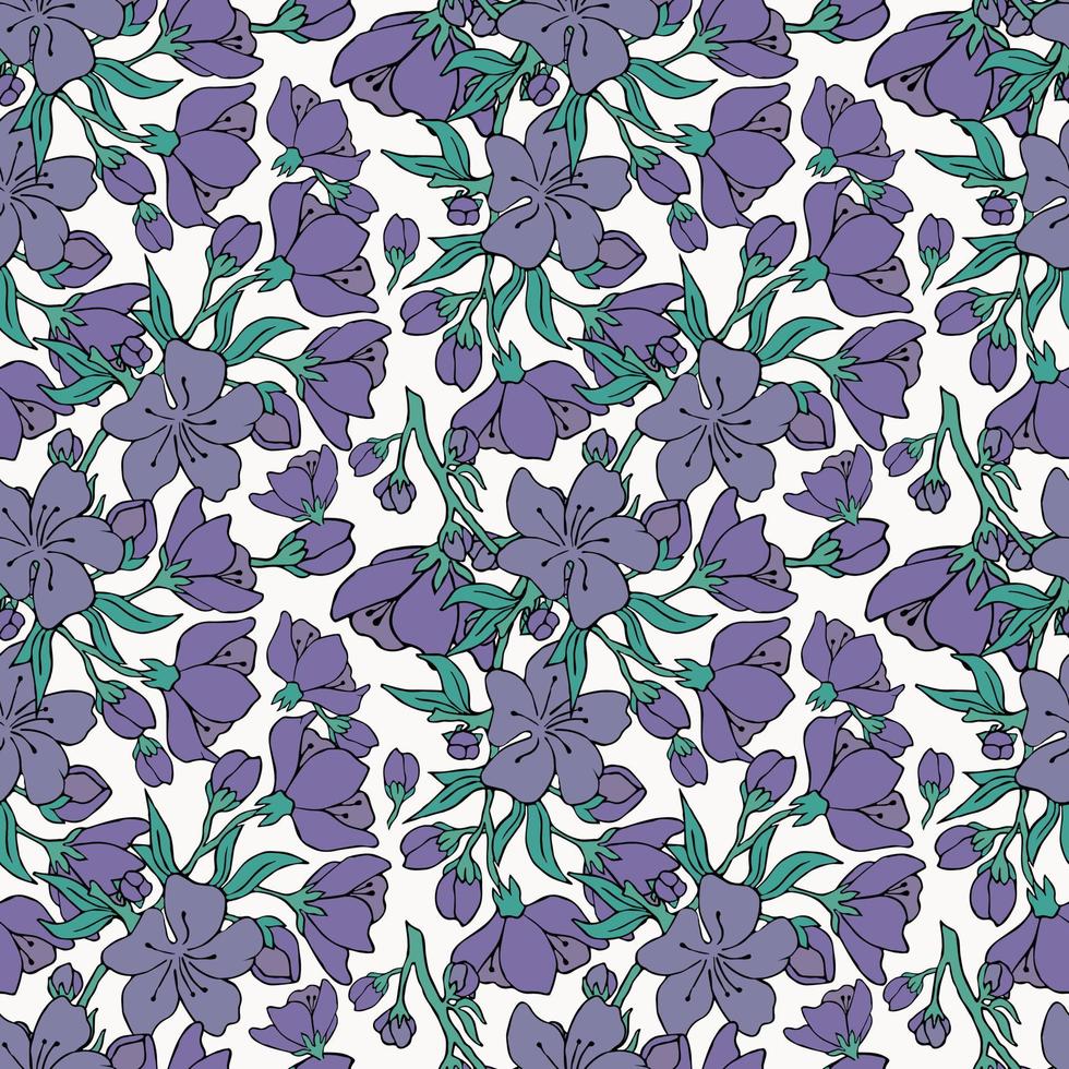 nahtloser Hintergrund mit Kirschblüten. Vektor-Illustration. Konturbild. Aktienvektor. Kirsche. Blumenmuster. weißer Hintergrund. violett. vektor