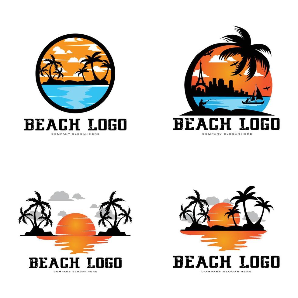 Vektorstrandlogoschablone mit Sonnenuntergang, Kokospalmen, Fischerbooten, Segelbooten und fliegenden Vögeln, Meereswellen, Retro-Kreis-Designkonzept vektor