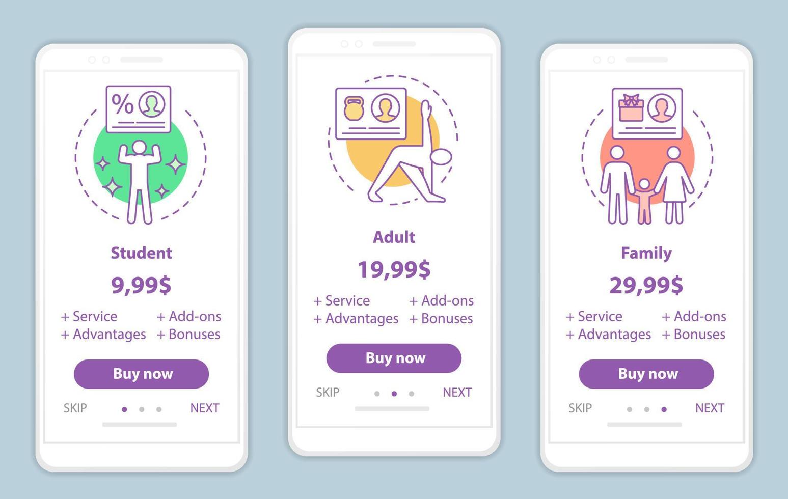 prenumerationspriser ombord på mobilappskärmar vektormallar. student, familj, vuxen taxa planer. genomgång av webbsidors gränssnitt. kostnad för medlemskap i gymmet. webbsidelayout för smartphone betalning vektor