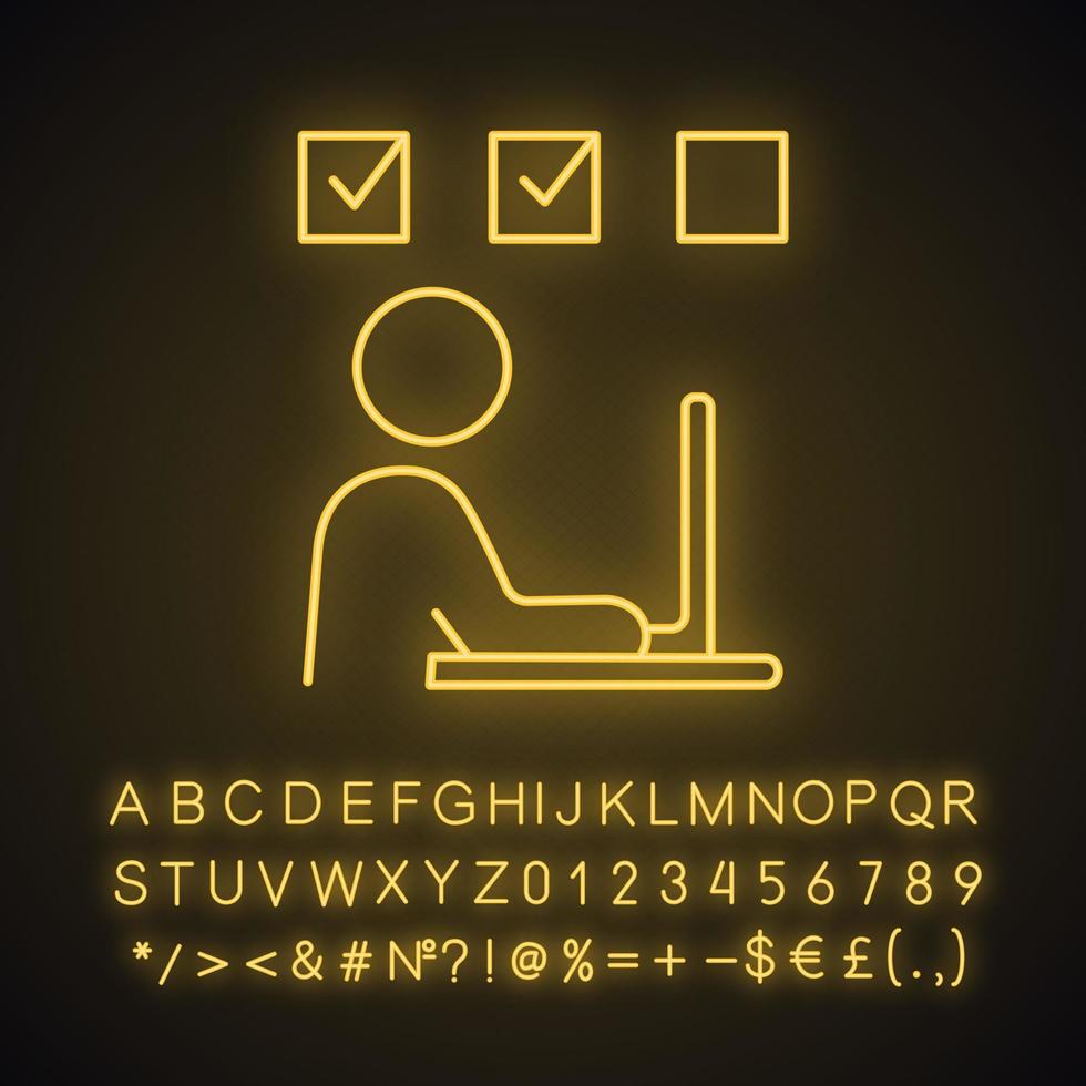 interaktiv träning neonljus ikon. uppgiftslösning. online test. frilansjobb. person som arbetar med bärbar dator. glödande tecken med alfabet, siffror och symboler. vektor isolerade illustration