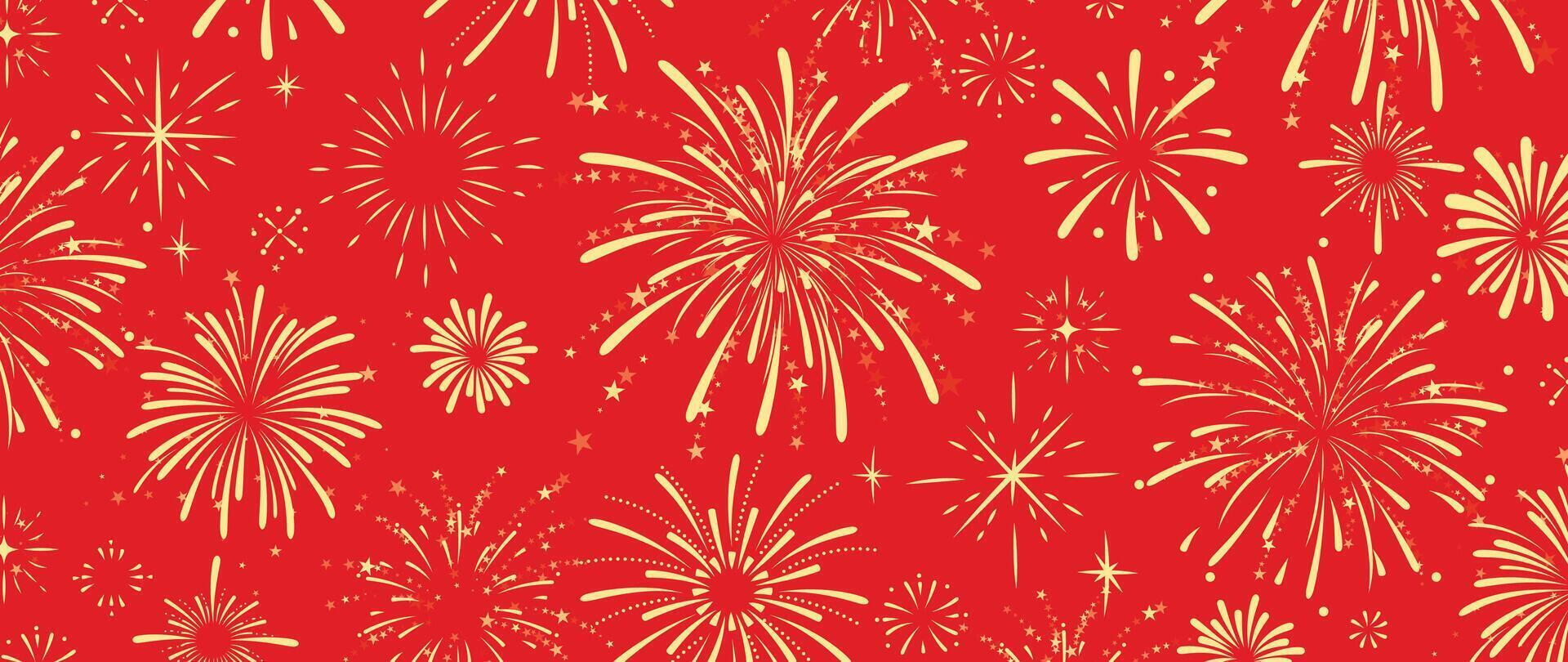 festival kinesisk bakgrund vektor. Lycklig kinesisk ny år tapet design med gyllene fyrverkeri på röd bakgrund. modern lyx orientalisk illustration för omslag, baner, hemsida, dekor, annons. vektor