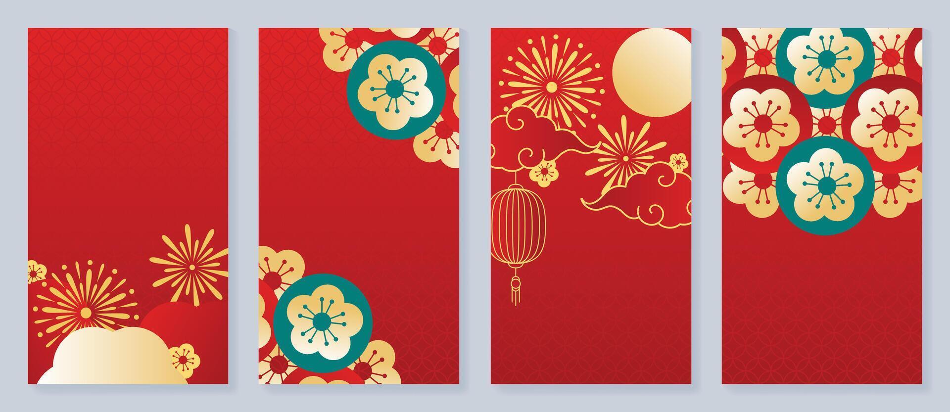 kinesisk ny år omslag bakgrund vektor. lyx bakgrund design med kinesisk mönster, fyrverkeri, blomma, lykta, måne, moln. modern orientalisk illustration för omslag, baner, hemsida, social media. vektor