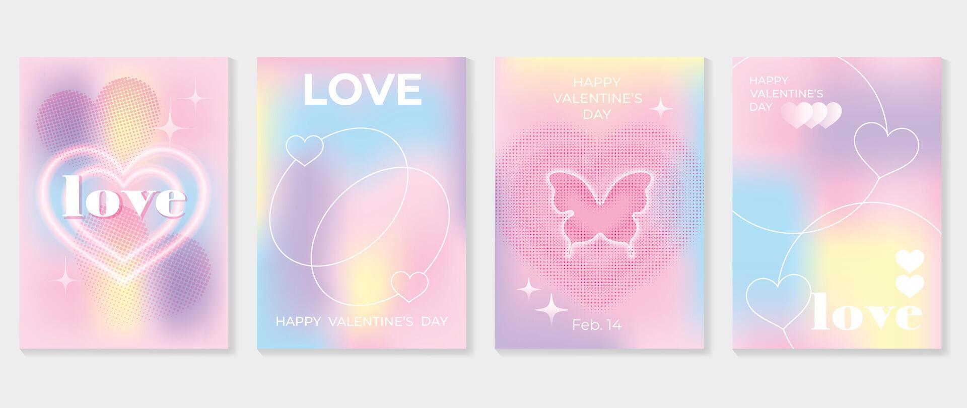 abstrakt Gradient y2k Stil Vorlage Startseite Vektor Satz. glücklich Valentinstag Tag schmücken mit modisch Gradient Herz bunt Hintergrund, Schmetterling. Design zum Gruß Karte, Mode, Werbung, Banner.